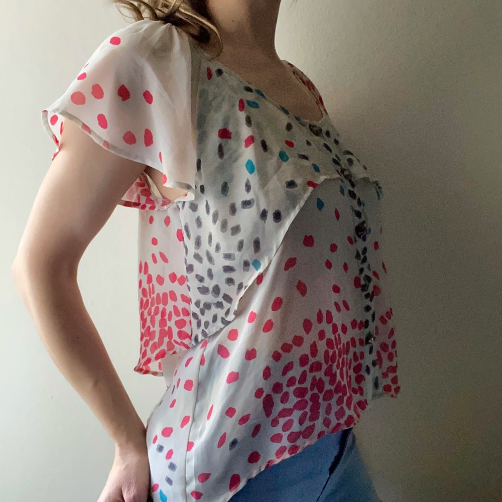 Abstract Sheer Spotted Button Down Blouse
